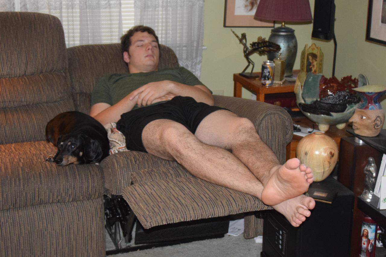 man sleeping beside dog