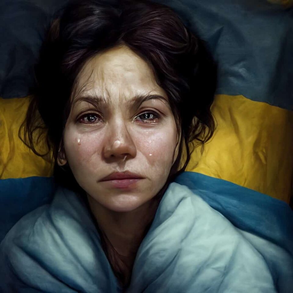 artwork of mom crying in bed