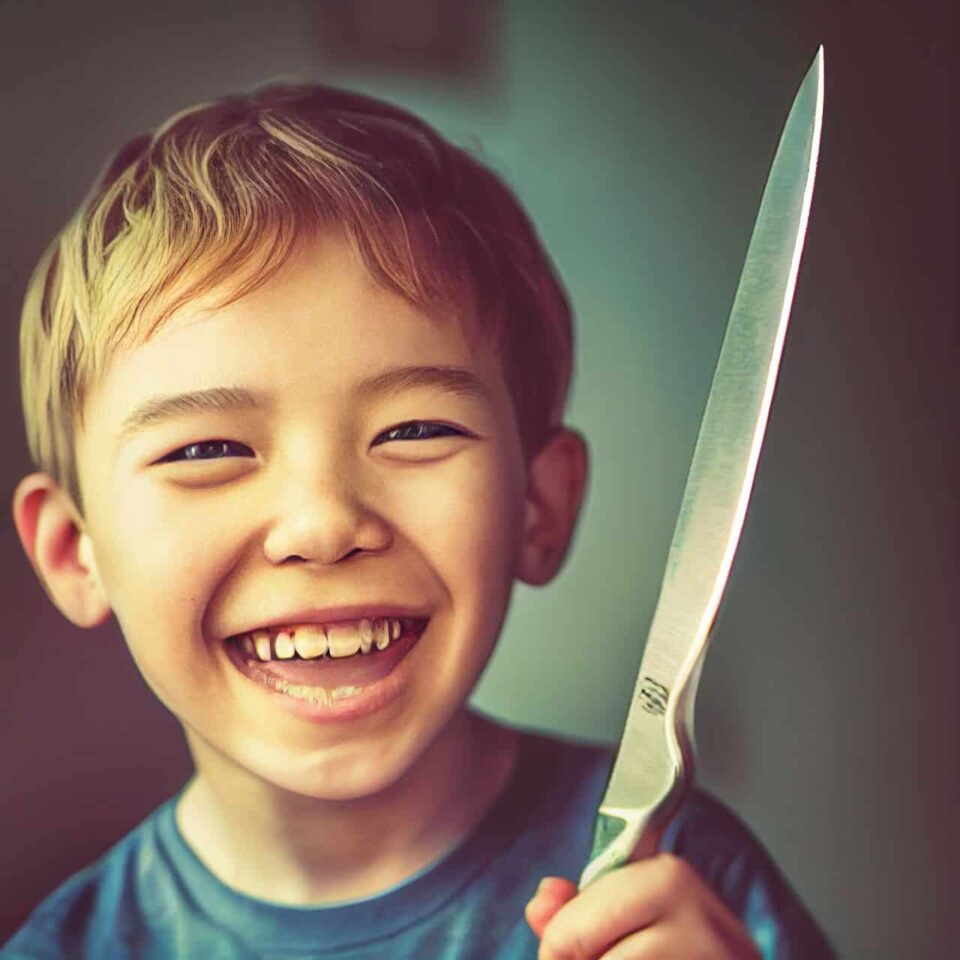 a kid with bad teeth holding a knife