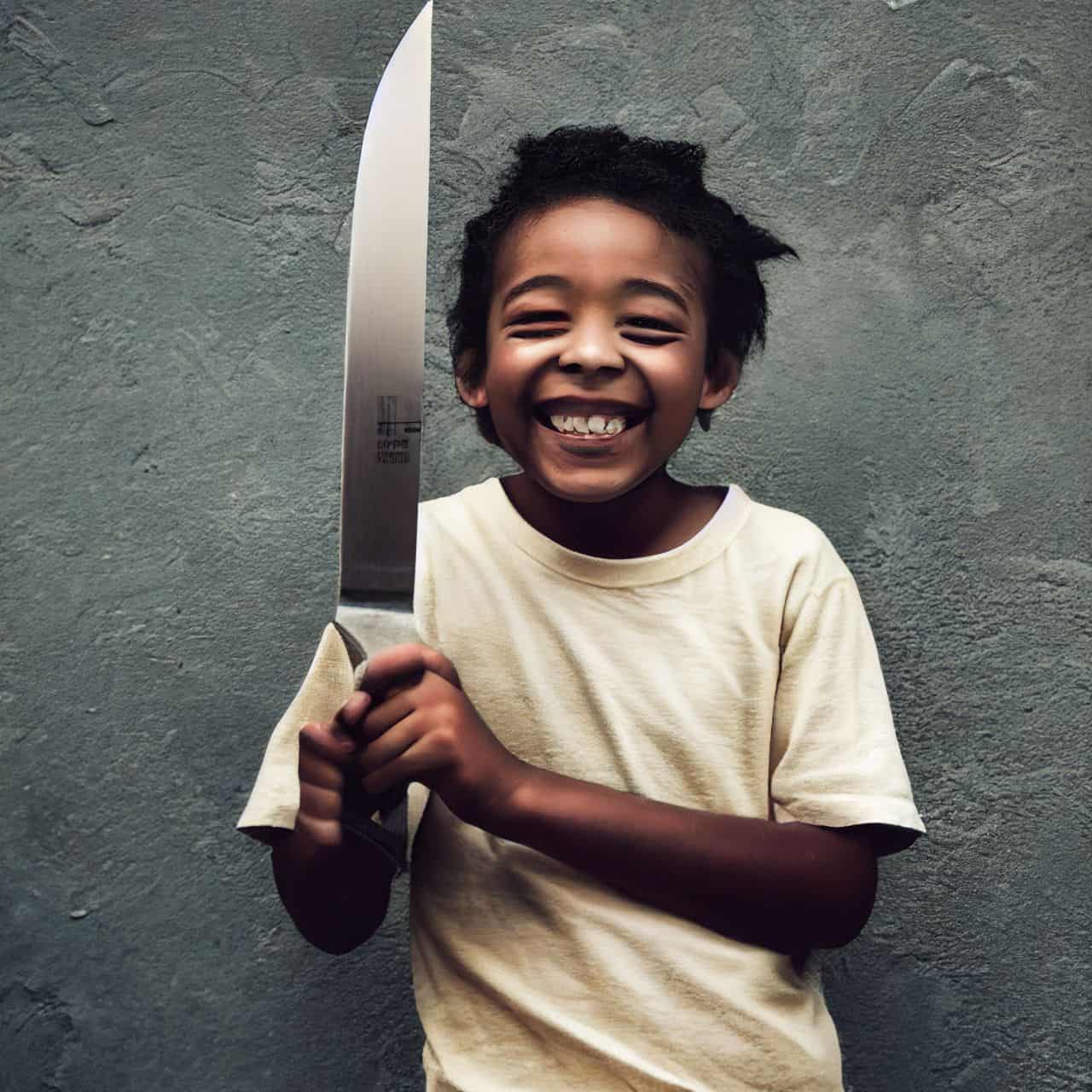 a smiling kid holding a knife