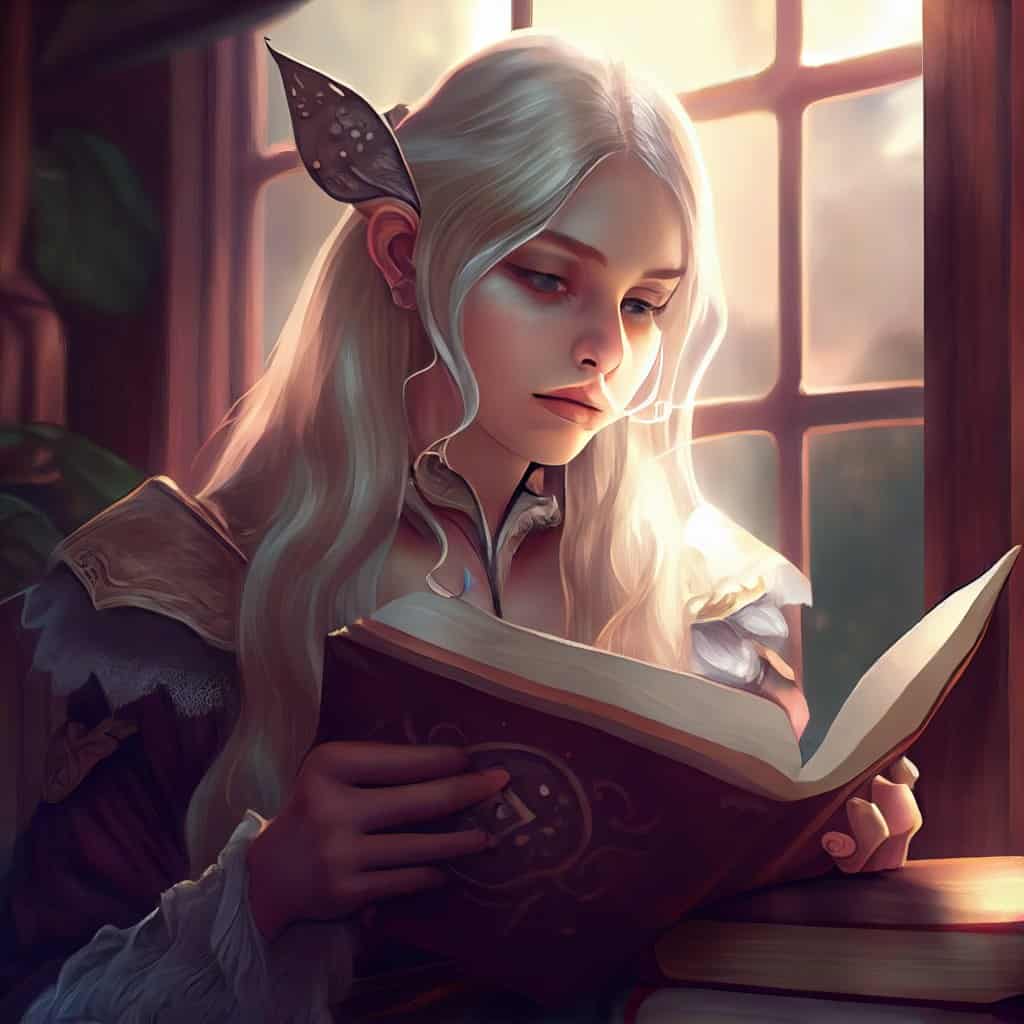 a beautiful elf woman reading a fantasy elf book