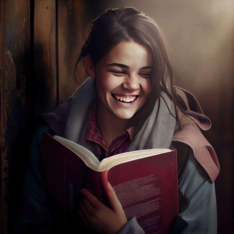 smiling christian woman reading the bible