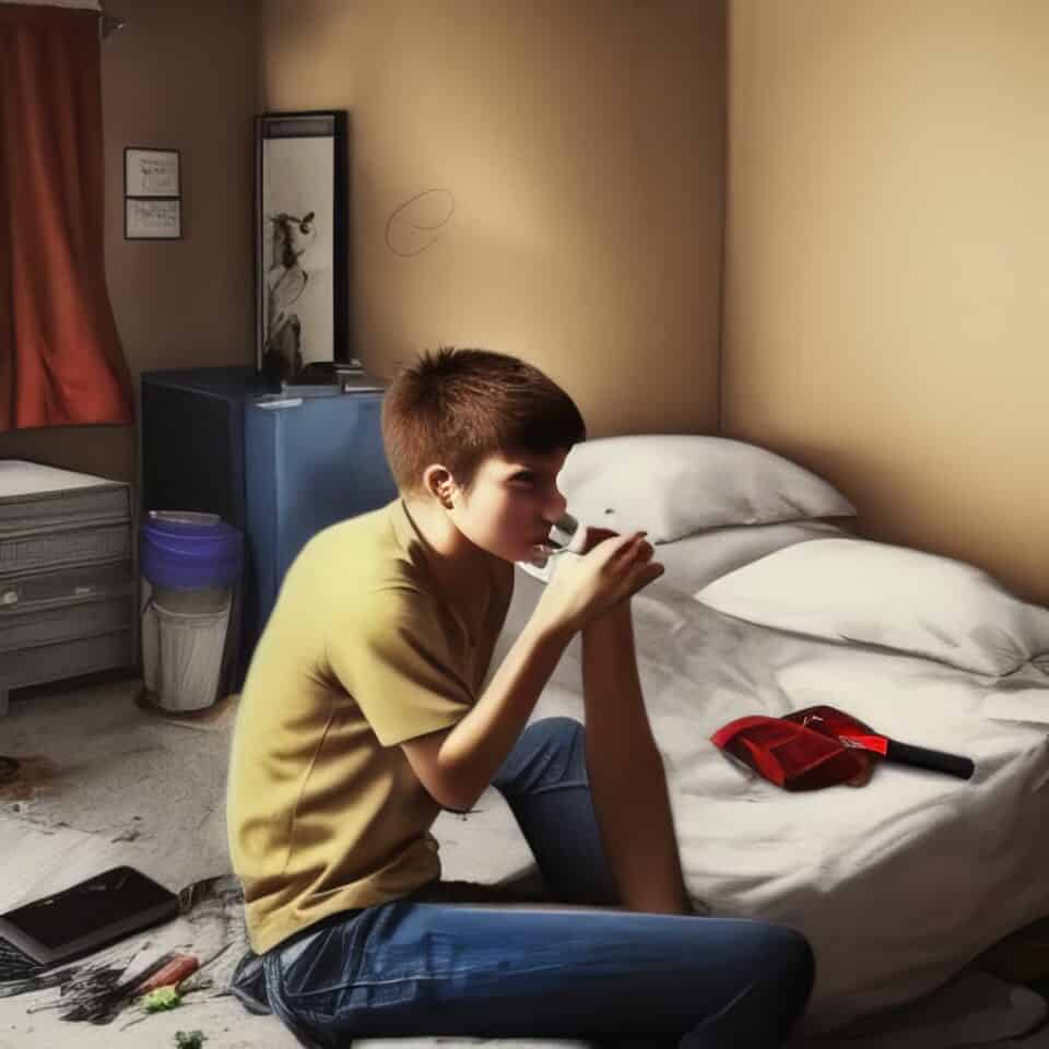 a teenager smoking a cigarette in his messy room