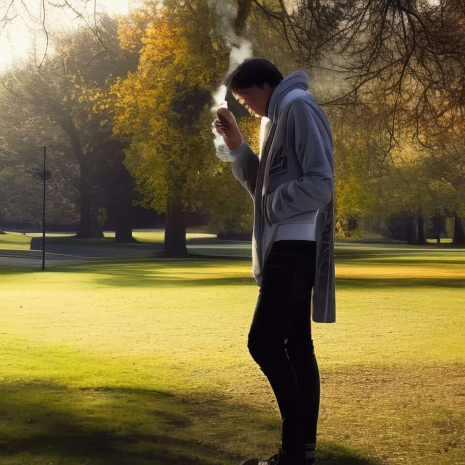 a teenager smoking a cigarette in the park