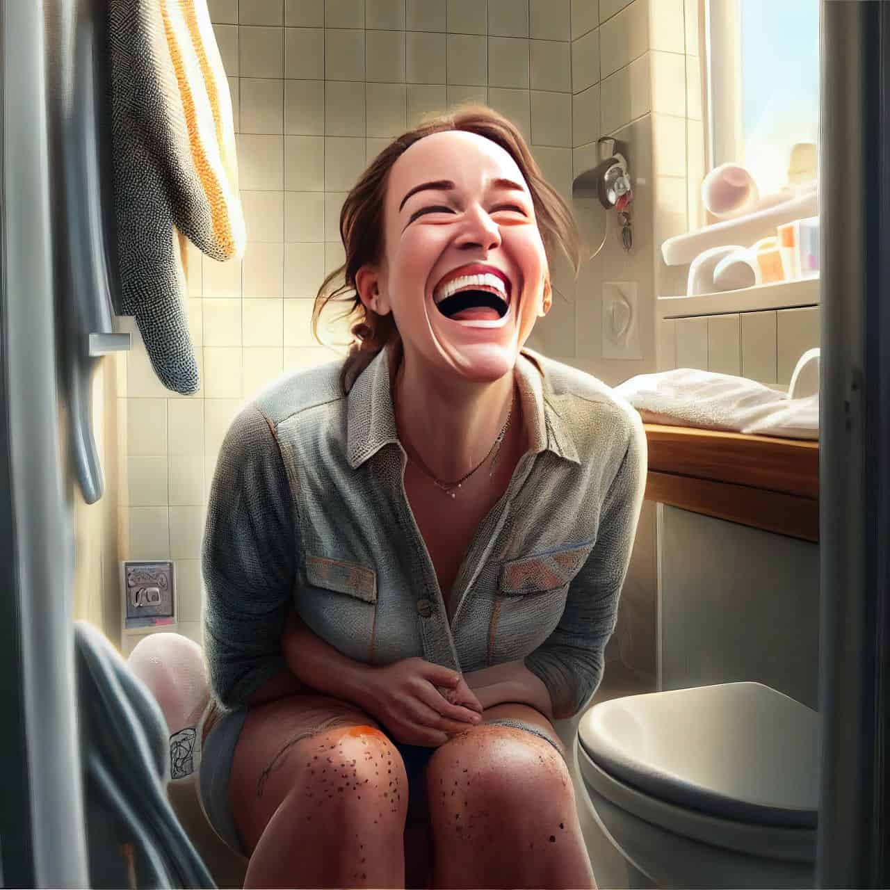 a vulnerable mother laughing on the bathroom floor