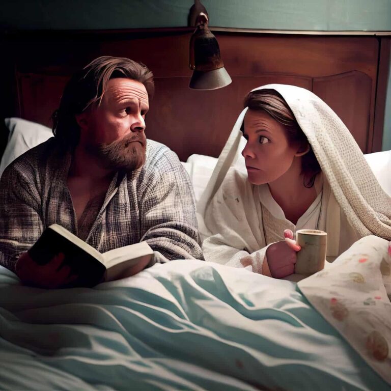 christian couple chatting in bed