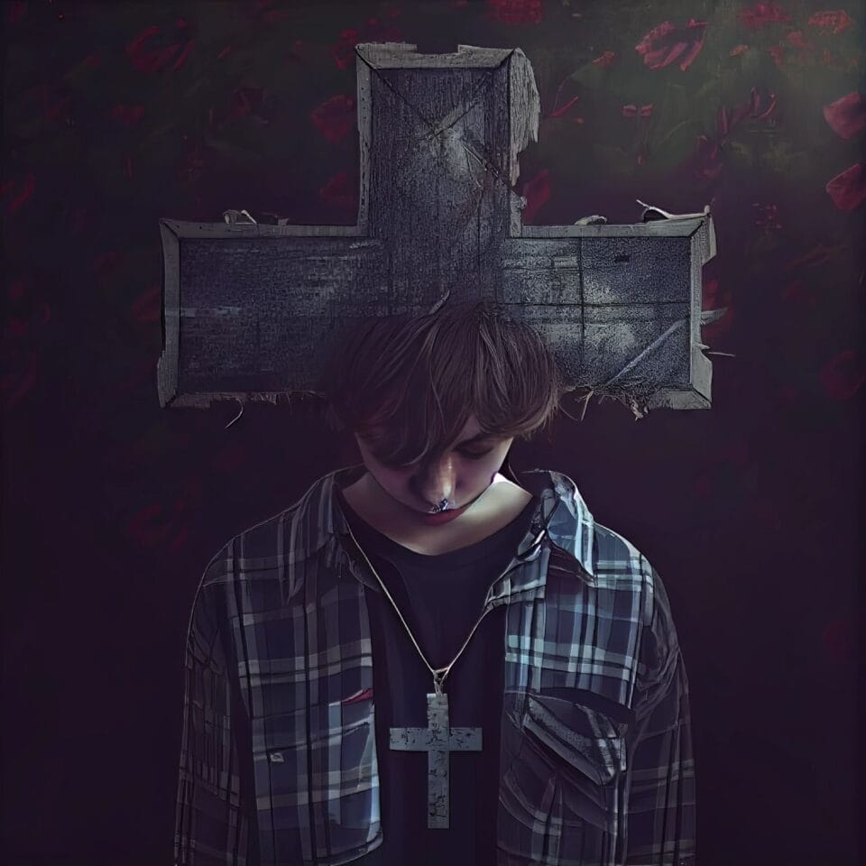 emo kid with a cross