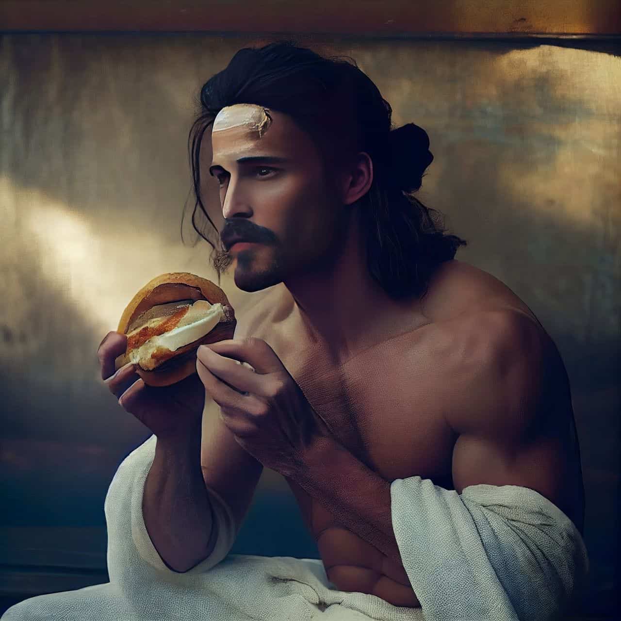 jesus eating a hamburger