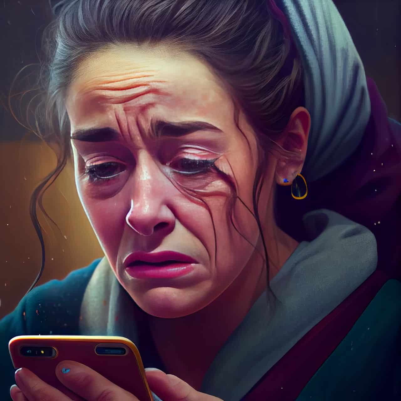 mother crying looking at her phone