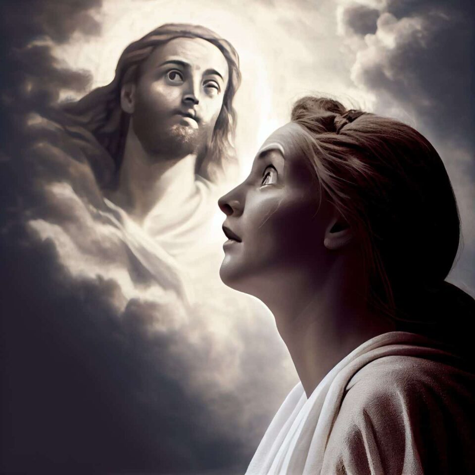 woman looking up at jesus