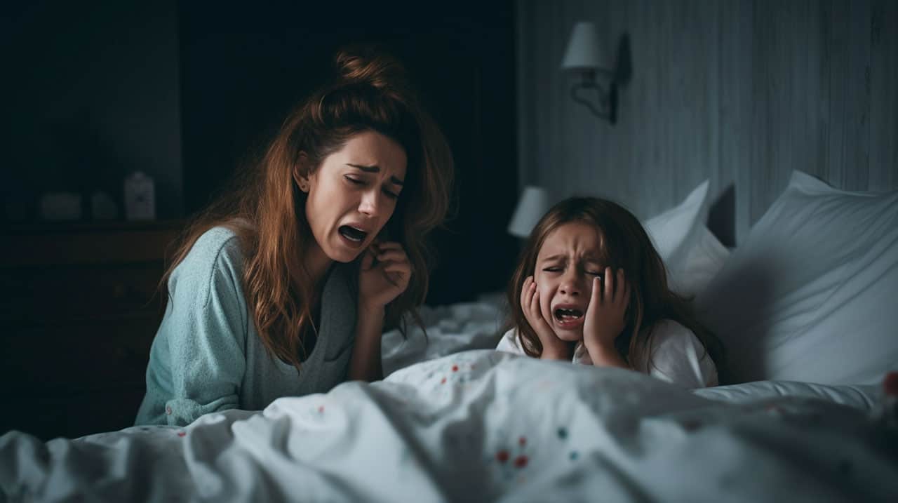 mom crying in bed with daughter