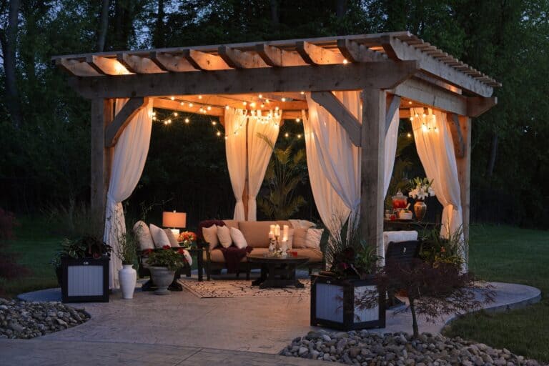 pergola with garden lights at night