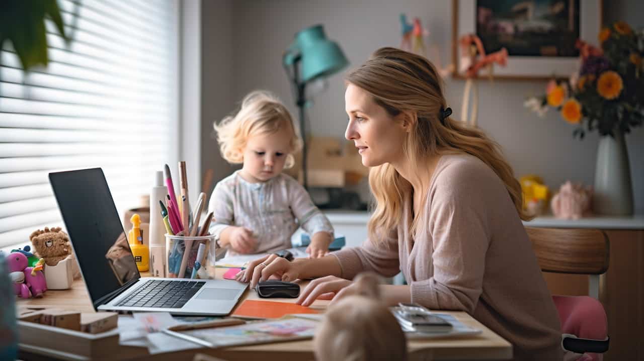 Mom Working While Daughter Plays