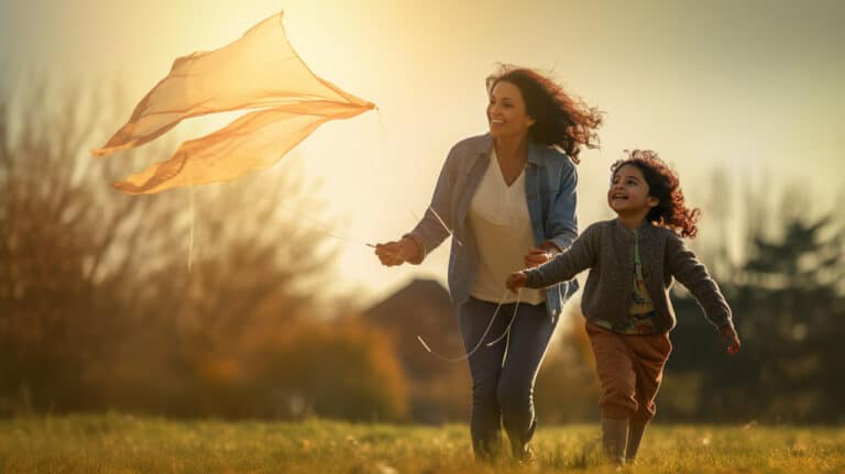 Single Co Parenting Mom Flying Kite With Child