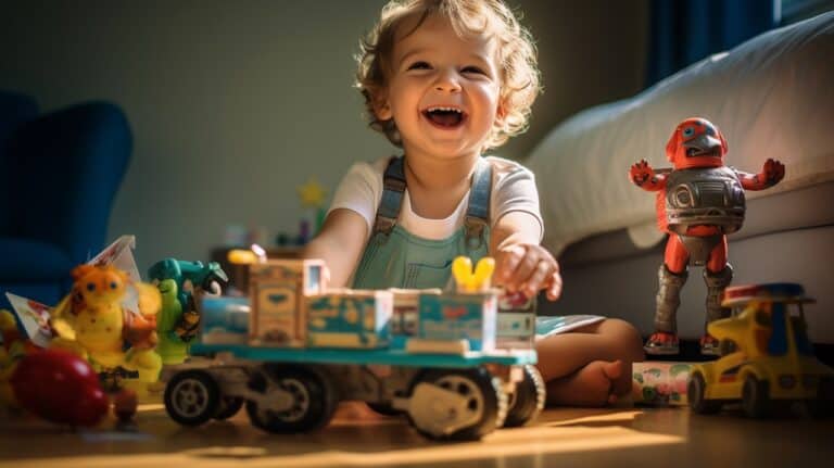 happy young child playing with educational toys