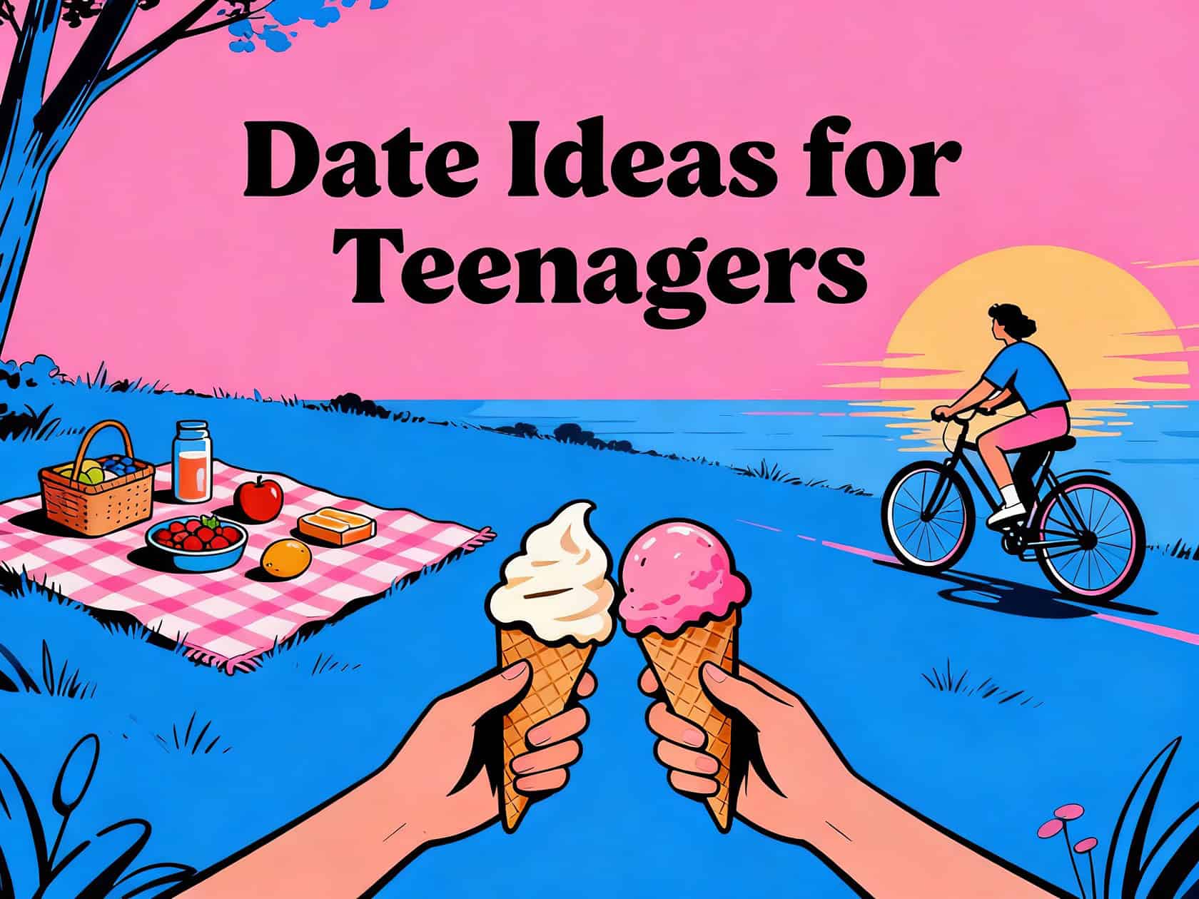 Romantic outdoor date idea for teenagers, ice cream cones, picnic setup by lake during sunset, youthful summer date, Teenagers enjoying summer outings and outdoor activities, ideal for teen date inspiration.