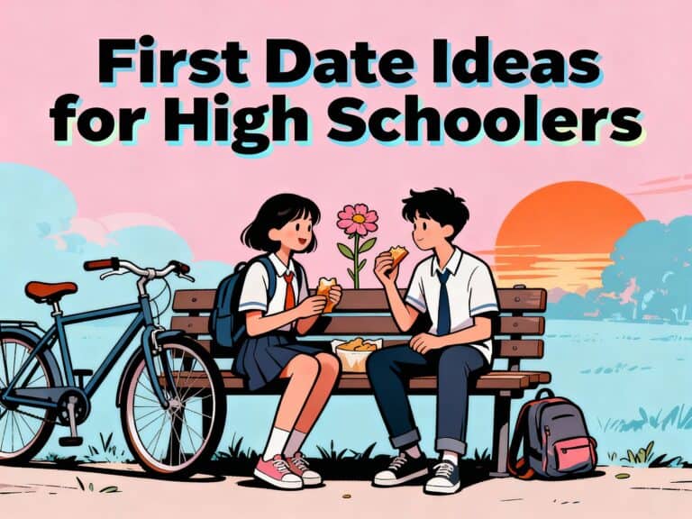 First date ideas for high schoolers enjoying picnic snacks outdoors with a sunset view.
