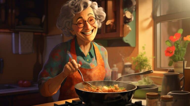 old woman cooking dinner at assisted living facility