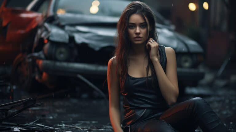 a sad woman at the site of a car accident
