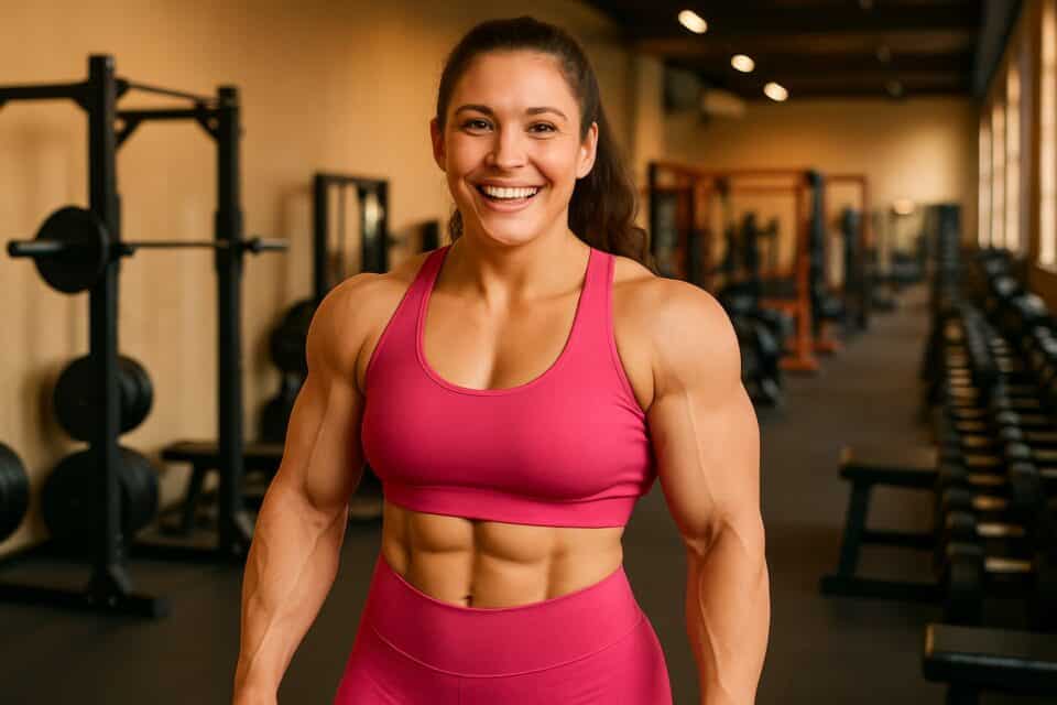 A determined woman lifts iron dumbbells in a well-equipped gym. muscle mommy 1