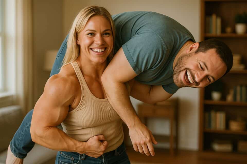 A woman exercises in a home gym with natural lighting and basic equipment. muscle mommy 2