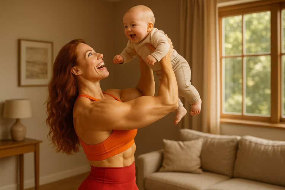 A woman in her 30s works out on a leg press machine at the gym. muscle mommy 3