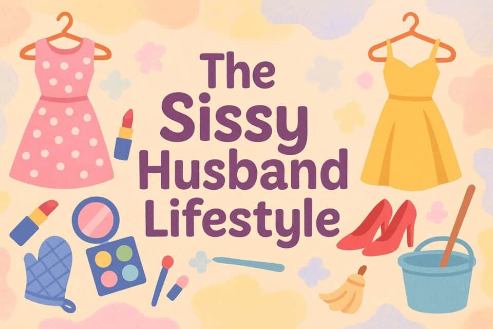 A middle-aged man cleans while a woman relaxes in a cozy, lived-in living room. sissy husband5