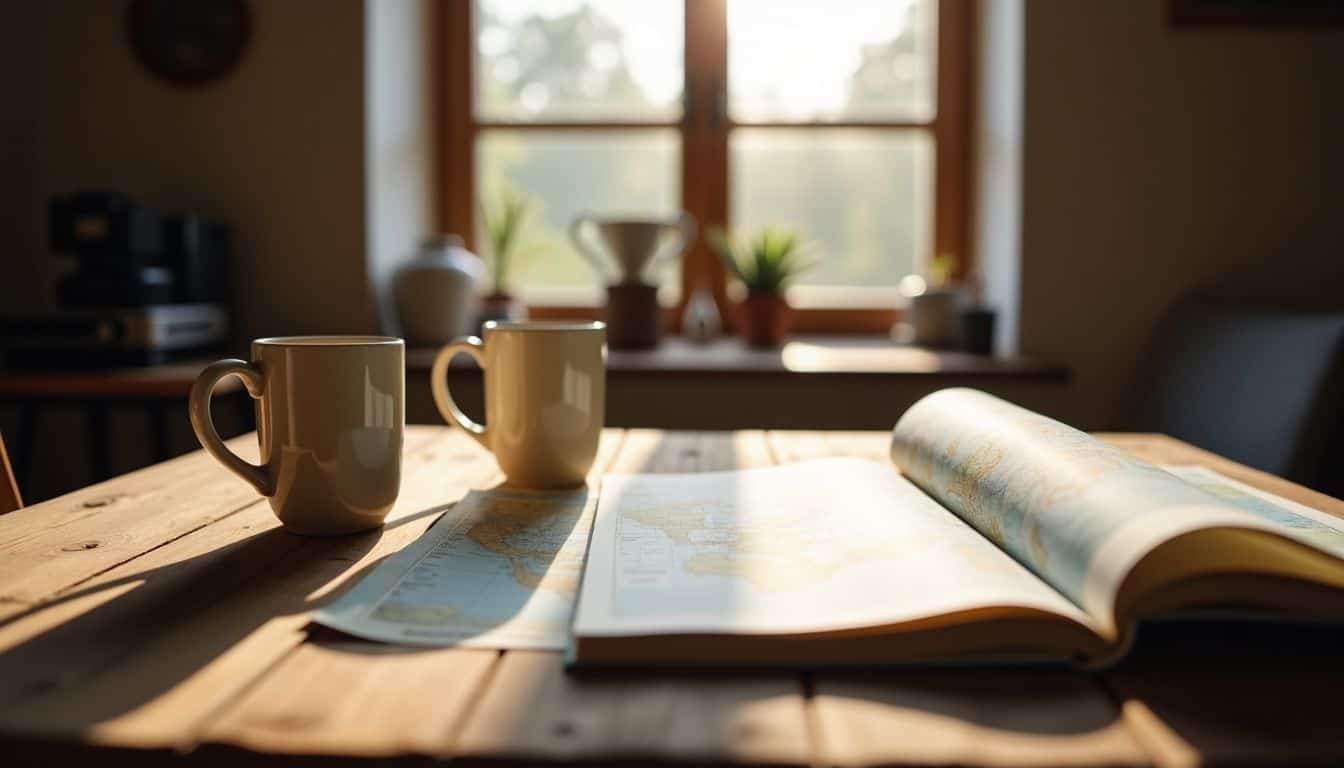 A rustic table with coffee mugs, journal, and map in soft morning light.
