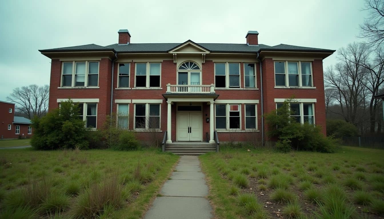 An abandoned school building in a neglected, overgrown neighborhood. An abandoned school building in a neglected, overgrown neighborhood.