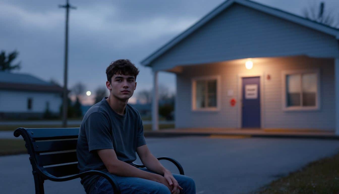 A young adult sits alone on a bench outside a closed clinic. A young adult sits alone on a bench outside a closed clinic.