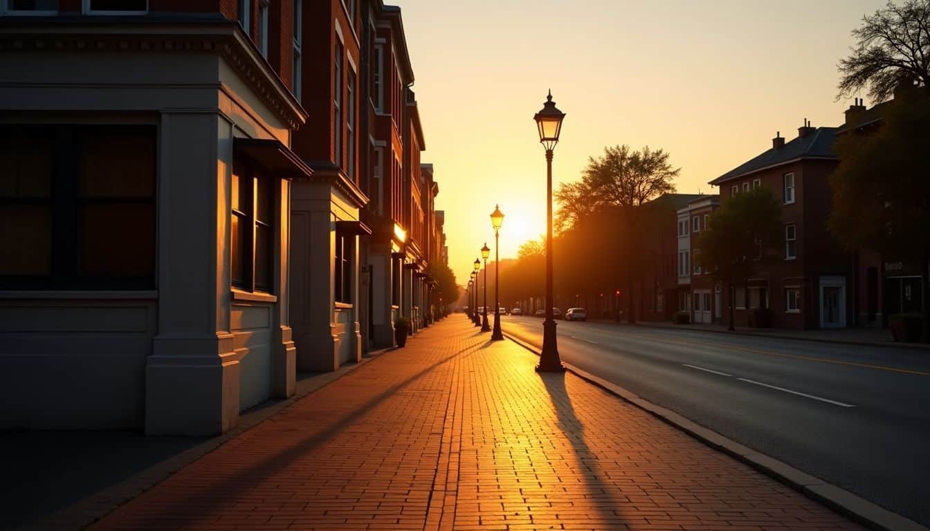 An empty city street with a single lamppost at sunset. An empty city street with a single lamppost at sunset.