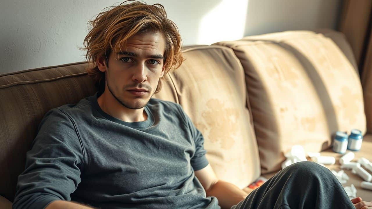 A person sits on a couch surrounded by pill bottles and tissues, conveying mental health struggles. A person sits on a couch surrounded by pill bottles and tissues, conveying mental health struggles.