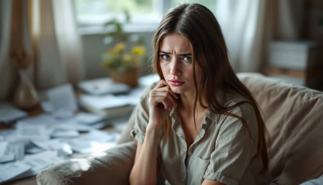 A woman sits in a room filled with unpaid bills, showing despair. A woman sits in a room filled with unpaid bills, showing despair.