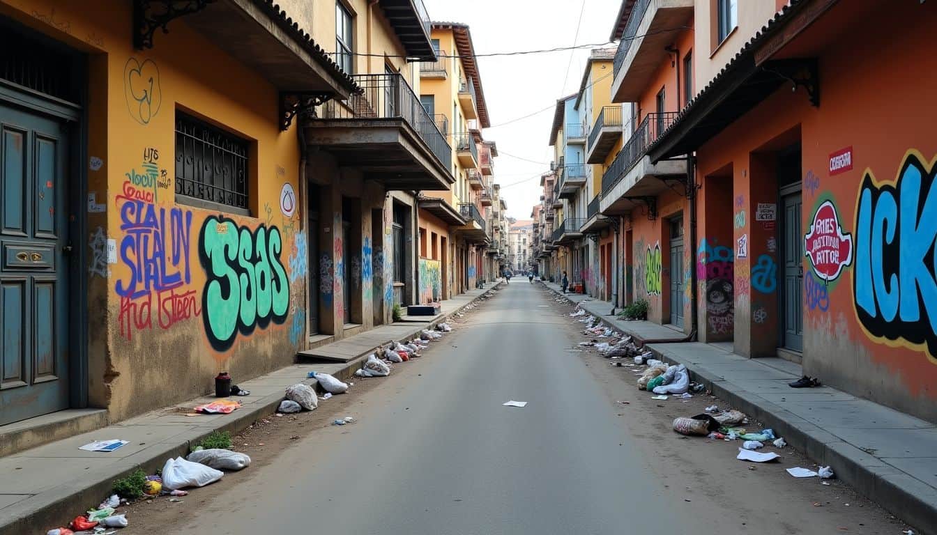 A photo of a neglected city street with graffiti and trash. A photo of a neglected city street with graffiti and trash.