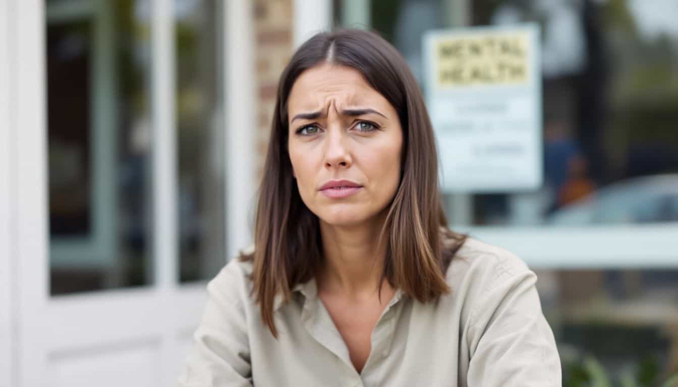 A woman in distress sits outside a closed mental health clinic. A woman in distress sits outside a closed mental health clinic.