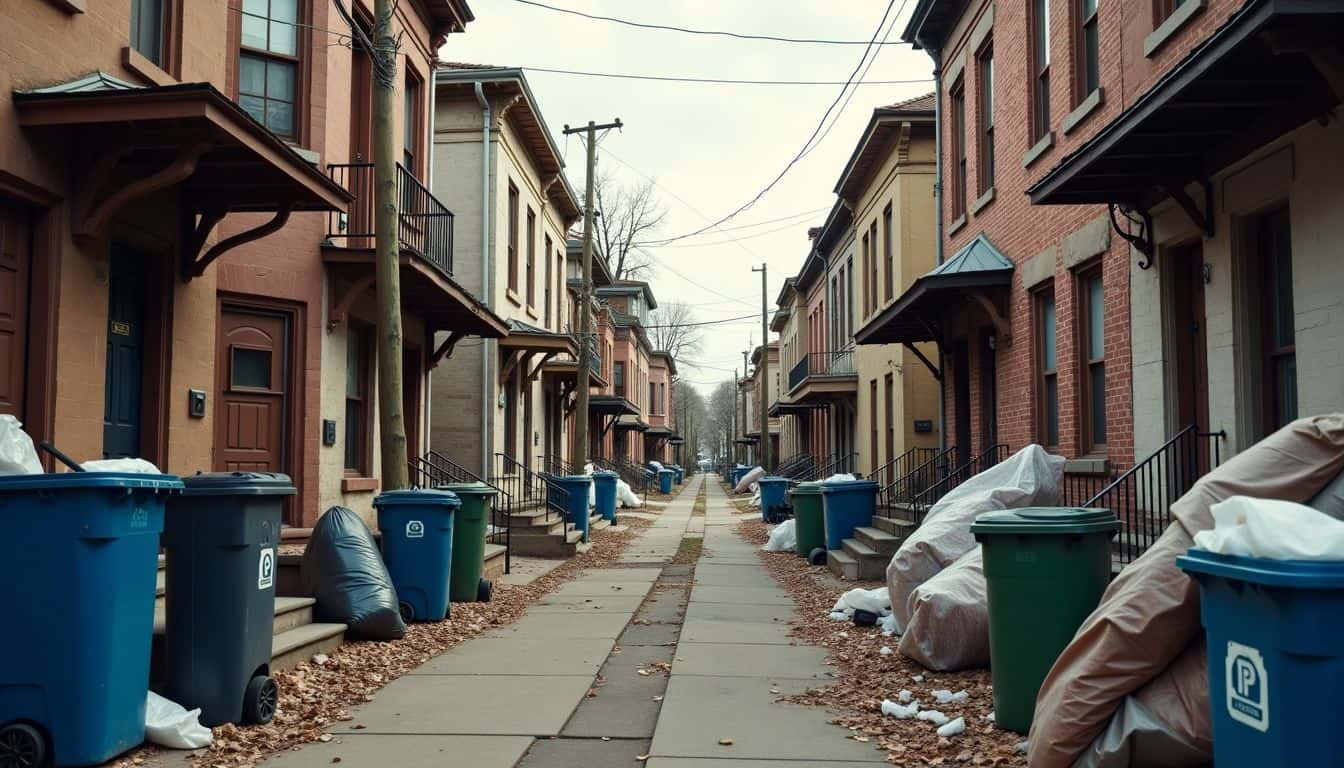 A rundown urban neighborhood with crumbling buildings and abandoned homes. A rundown urban neighborhood with crumbling buildings and abandoned homes.