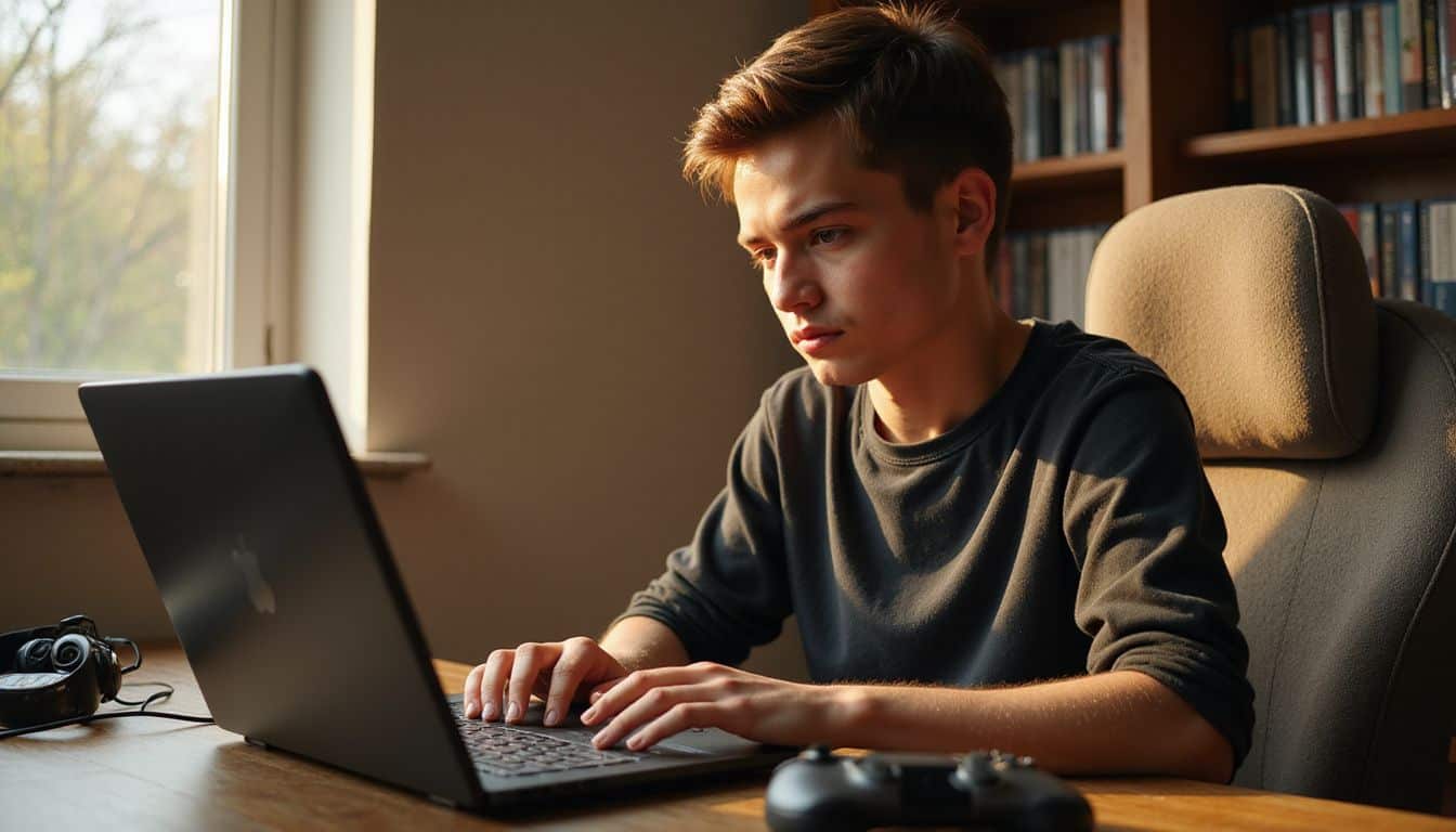 A young adult gamer sits at a desk surrounded by well-worn gaming accessories in a softly lit room. A young adult gamer sits at a desk surrounded by well-worn gaming accessories in a softly lit room.
