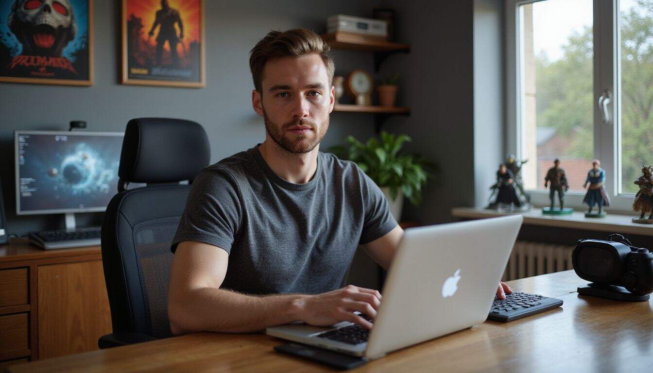 A young man in a gray t-shirt sits at a desk in a gaming-themed home office with action figures and posters. A young man in a gray t-shirt sits at a desk in a gaming-themed home office with action figures and posters.
