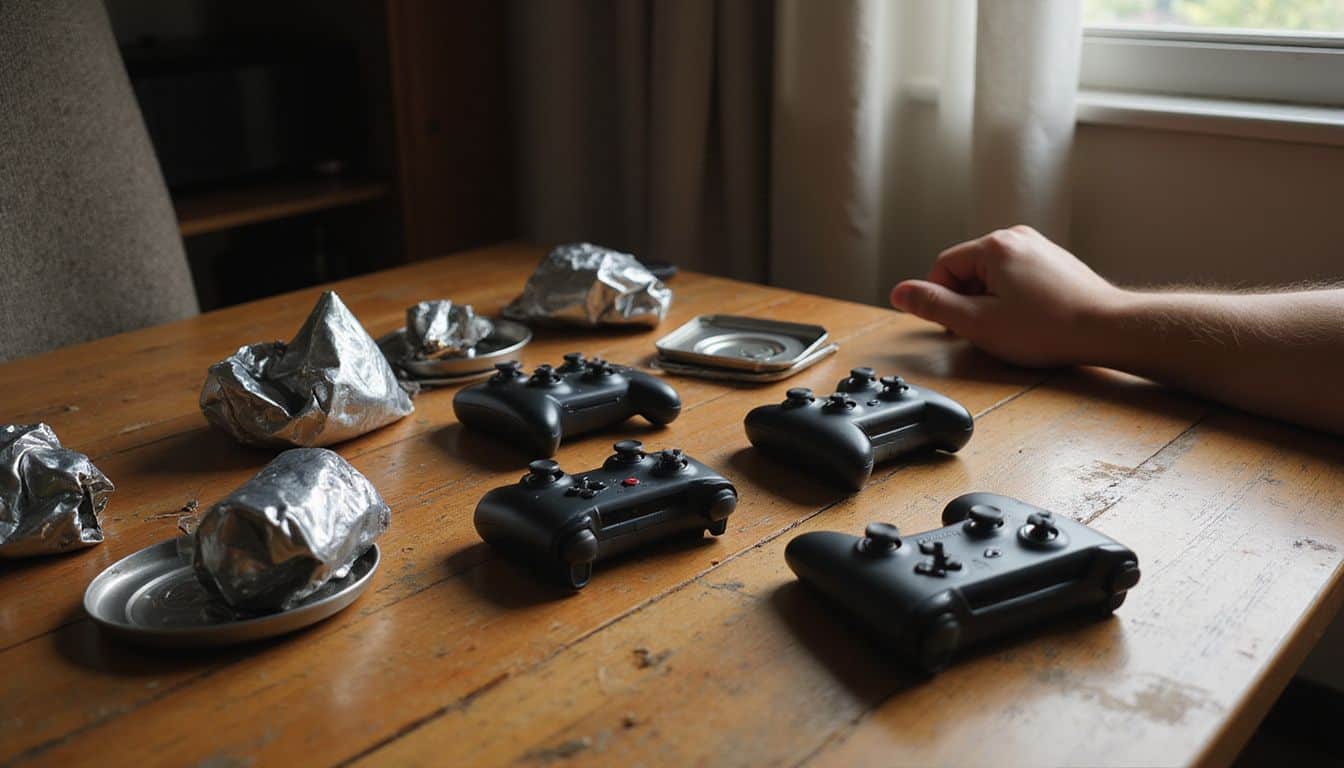 A cluttered gaming setup with worn controllers, game cases, and empty drink cans on a wooden desk. A cluttered gaming setup with worn controllers, game cases, and empty drink cans on a wooden desk.