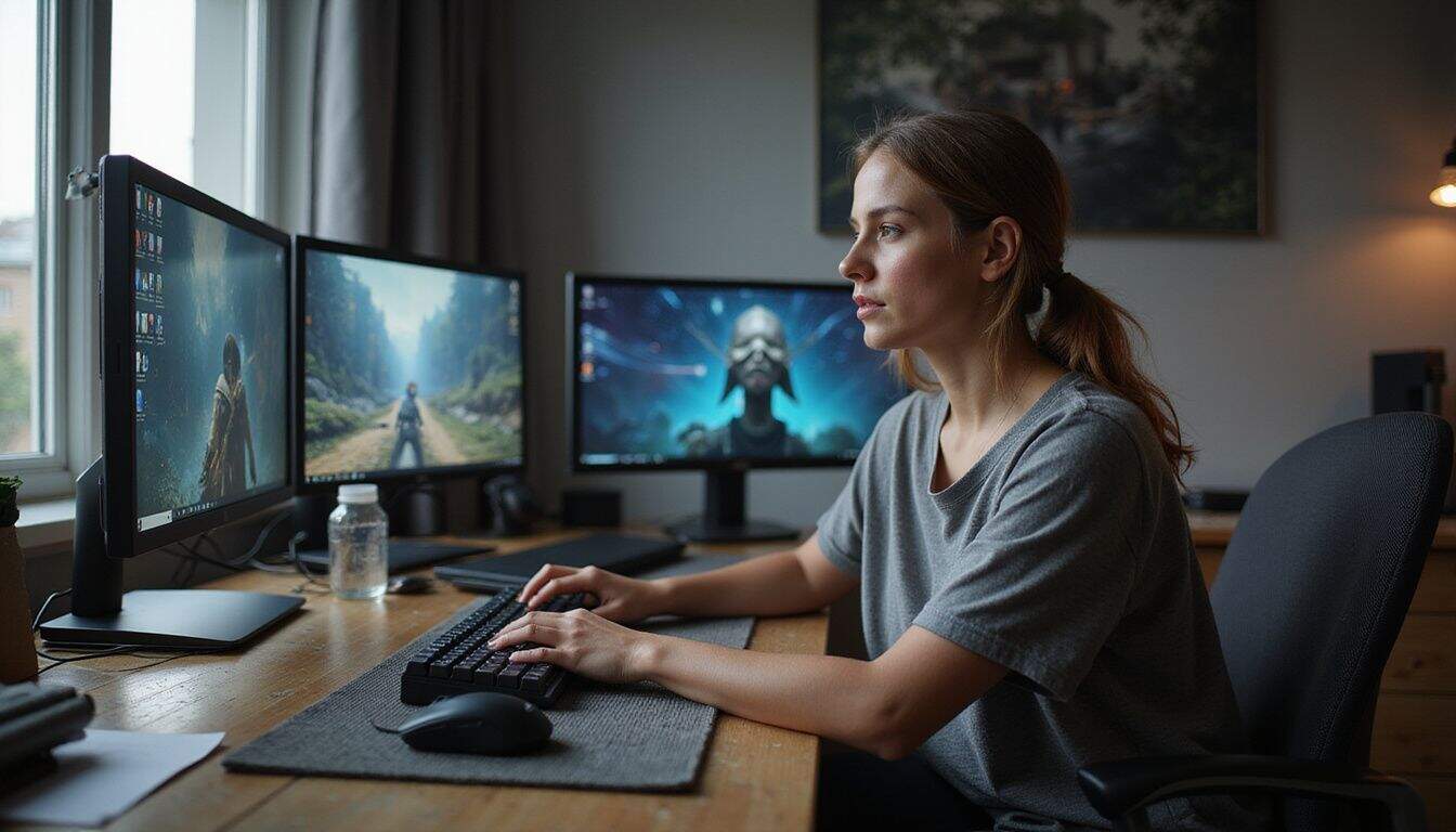 A woman in her mid-20s is seated at a desk, engrossed in gaming content creation. A woman in her mid-20s is seated at a desk, engrossed in gaming content creation.