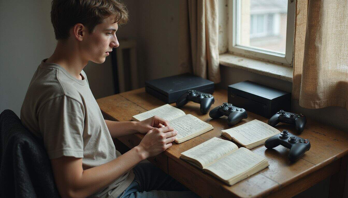 A young adult sits at a desk surrounded by gaming consoles and notebooks, deep in thought. A young adult sits at a desk surrounded by gaming consoles and notebooks, deep in thought.