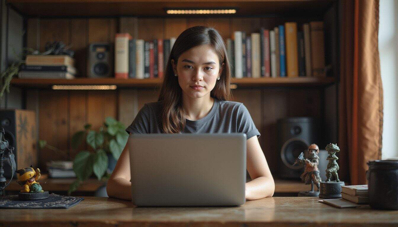 A young woman sits at her home office desk, focused on her laptop and surrounded by gaming memorabilia and bookshelves. A young woman sits at her home office desk, focused on her laptop and surrounded by gaming memorabilia and bookshelves.