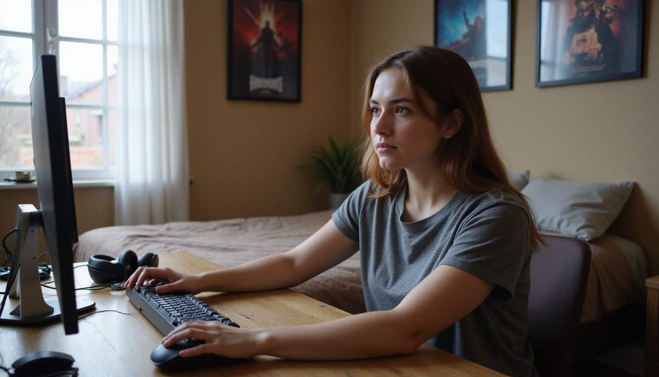 A young woman focused on an eSports tournament in her well-decorated bedroom. A young woman focused on an eSports tournament in her well-decorated bedroom.