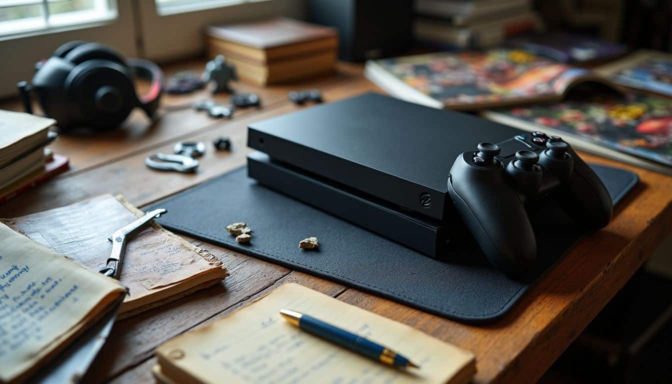 A cluttered gaming desk with consoles, controllers, headphones, notebooks, magazines, strategy guides, and merchandise items. A cluttered gaming desk with consoles, controllers, headphones, notebooks, magazines, strategy guides, and merchandise items.