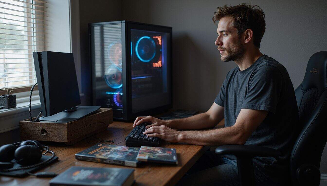 A gaming setup with modern console, high-performance PC, accessories, and a focused male gamer. A gaming setup with modern console, high-performance PC, accessories, and a focused male gamer.