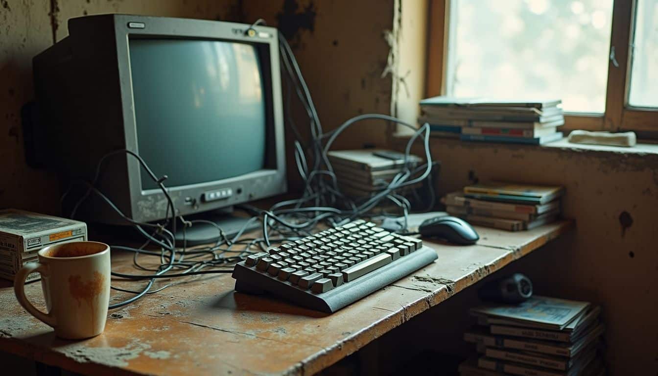 An aged gaming setup in a cluttered, worn-out room with a relaxed male figure. An aged gaming setup in a cluttered, worn-out room with a relaxed male figure.