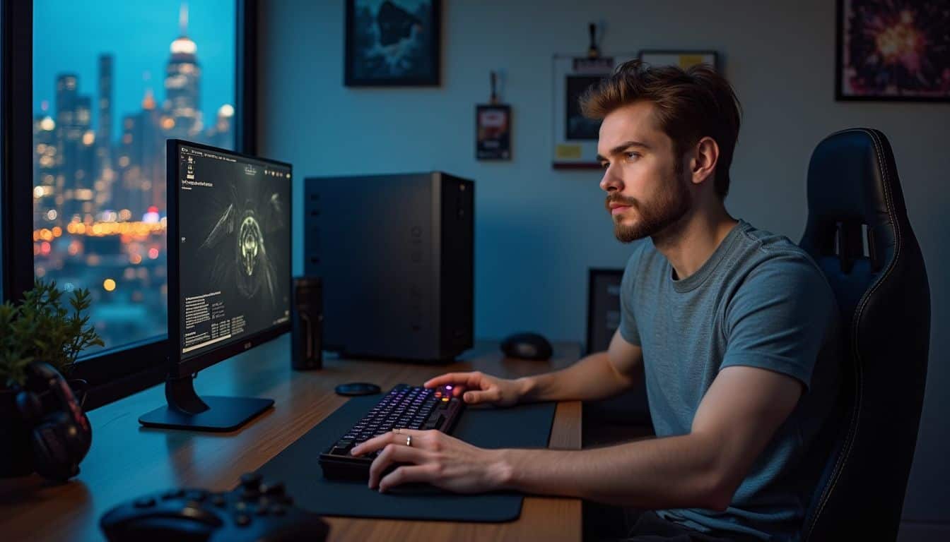 A gaming setup with a PC, console, headphones, and posters in a dimly lit room. A gaming setup with a PC, console, headphones, and posters in a dimly lit room.