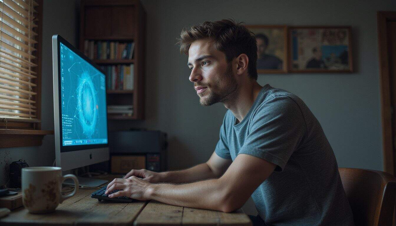 A focused man in his mid-20s plays an online game at a wooden desk. A focused man in his mid-20s plays an online game at a wooden desk.