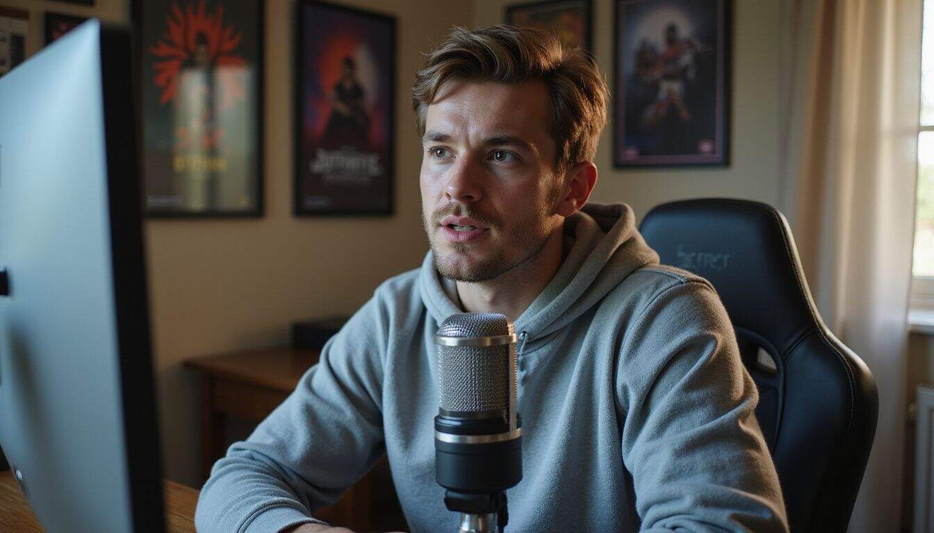 A young man streaming on Twitch from a cozy room filled with gaming posters and tech equipment. A young man streaming on Twitch from a cozy room filled with gaming posters and tech equipment.