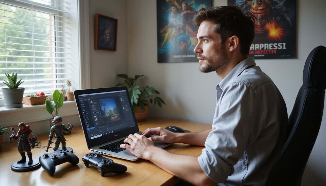A home office with a detailed game design software interface, gaming controllers, collectible figurines, and vibrant game posters. A home office with a detailed game design software interface, gaming controllers, collectible figurines, and vibrant game posters.